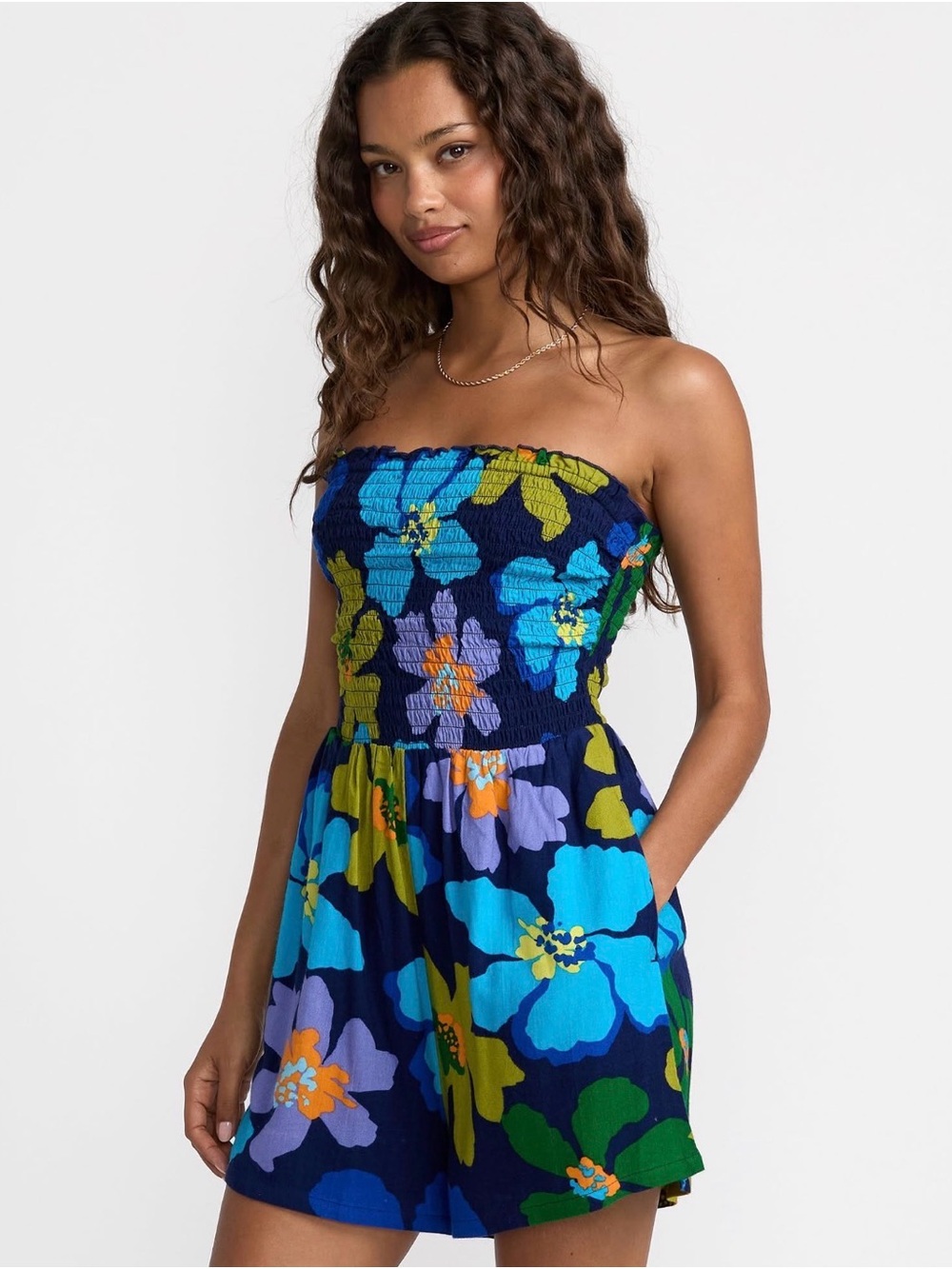 RVCA Cat Romper Strapless Floral Romper in Hawaii Blue with Bright Blooms